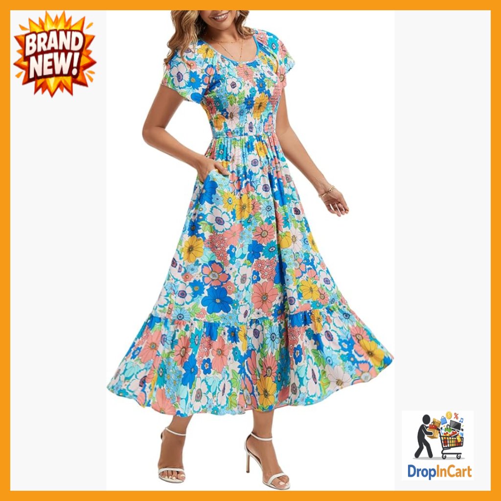 Smocked Maxi Dress Flowy Boho Casual Summer Floral With Pockets